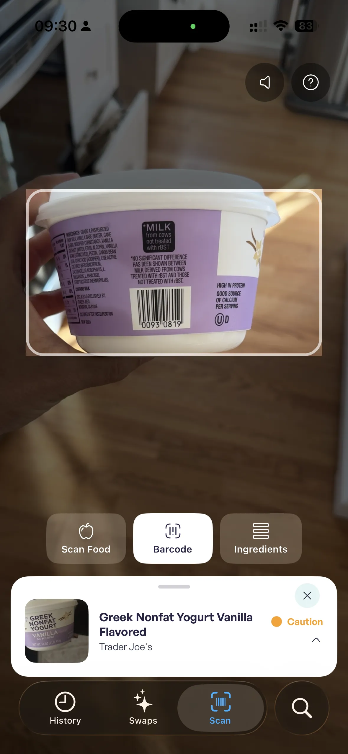 Oli scanning a product barcode and showing safety results